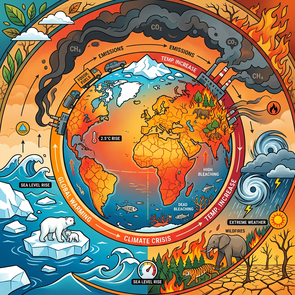 Illustration of Earth surrounded by emissions, global warming effects, and climate crisis impacts