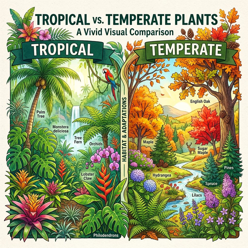Illustration showing tropical plants like palm tree, monstera, orchids on left and temperate plants like maple, oak, hydrangea on right with a river dividing habitats