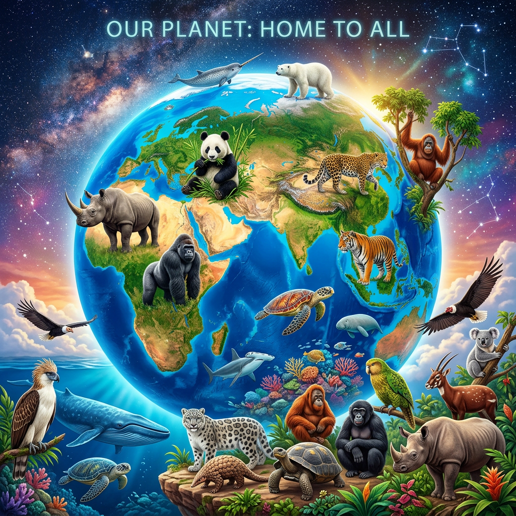 Earth surrounded by diverse animals including panda, polar bear, rhinoceros, orangutan, tiger, sea turtle, shark, gorilla, and others